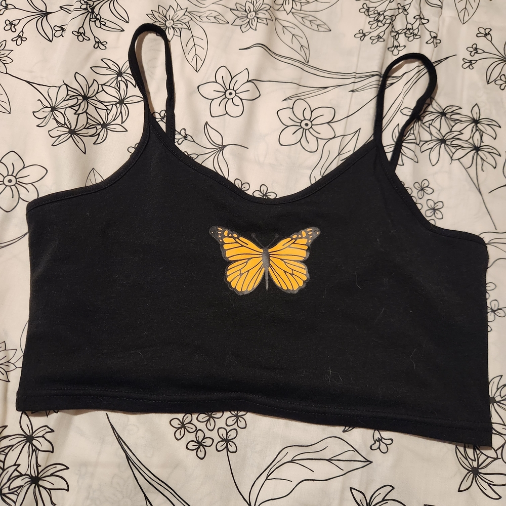 SHEIN Black Cropped Cami with Yellow Butterfly